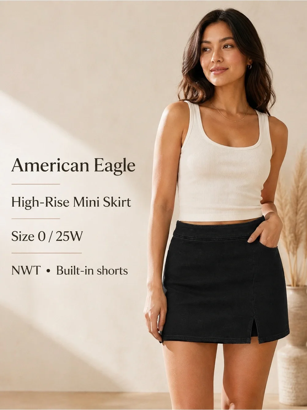 American Eagle High-Rise Black Denim Mini Skort Size 0 25W NWT